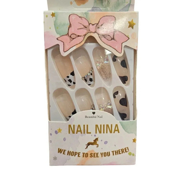 3d Bow Art Cow Print 24pcs Plastic Nails Set with Sticky Pads NWT - Picture 1 of 3